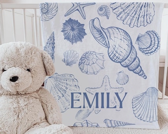 Personalized Seashell Baby Blanket – Coastal Ocean Nursery Gift for Girls