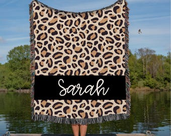 Personalized Leopard Print Woven Throw Blanket: Custom Name Gift