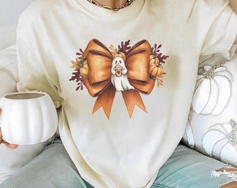 Cute Ghost Drinking Coffee Shirt, Ghost Coquette Coffee, Spooky Season Shirt, Coffee Lover Shirt, Halloween Party Shirt, Halloween Gift
