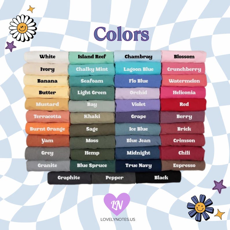 May include: A color chart showing 36 different colors of fabric. The colors are arranged in rows and columns, with the names of each color printed below each swatch. The colors include white, ivory, banana, butter, mustard, terracotta, burnt orange, yam, grey, granite, graphite, pepper, black, island reef, chalky mint, seafoam, light green, bay, khaki, sage, moss, hemp, blue spruce, chambray, lagoon blue, flo blue, orchid, violet, grape, ice blue, blue jean, midnight, true navy, blossom, crunchberry, watermelon, heliconia, red, berry, brick, crimson, chili, and espresso.