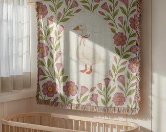 Cottagecore Goose Baby Blanket: Floral Woven Nursery Throw