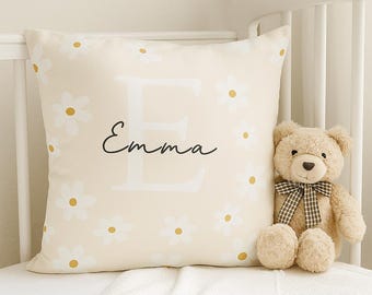 Personalized Daisy Pillow for Girls – Custom Name & Initial – Floral Nursery Decor