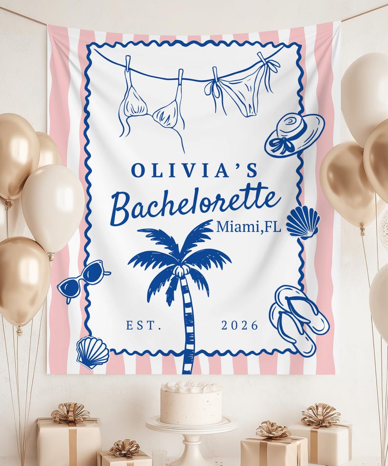 May include: A white and pink striped banner with blue illustrations of a bikini, hat, sunglasses, seashells, and a palm tree. The banner reads "OLIVIA'S Bachelorette Miami, FL EST. 2026". Gold and white balloons are in the background.