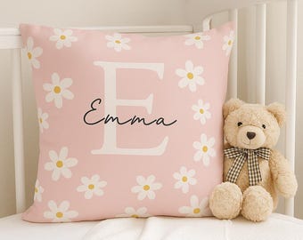 Personalized Daisy Pillow for Girls – Custom Name & Initial – Floral Nursery Decor