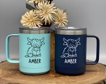 Personalized Highland Cow Insulated Travel Coffee Mug - Cute Highland Cow Gifts Friend - Just Because Gift for Cow Lovers