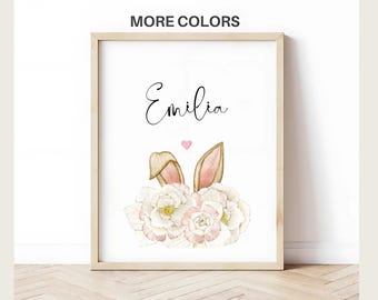 Bunny Nursery Wall Art Print, Baby Girl Nursery Decor, Personalized name, Newborn Name sign, Rabbit, Wildflowers, Hot air Ballon