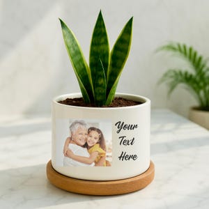 May include: A white ceramic planter with a photo of a woman and a child hugging, with the text "Your Text Here." The planter holds a snake plant with green and yellow striped leaves, sitting on a round, wooden saucer.