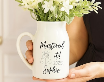 Personalized Graduation Vase: "Mastered It!" Ceramic Floral Pitcher
