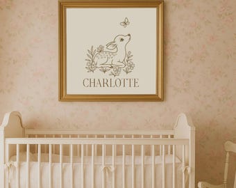 Personalized Vintage Deer Nursery Wall Art – Custom Name Print for Baby Girl Room