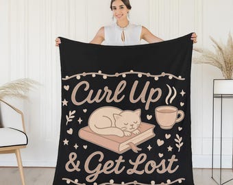 Cozy Cat & Book Fleece Blanket Gift for Readers