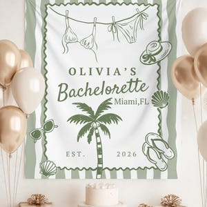 May include: A white and green banner with the text "OLIVIA'S Bachelorette Miami, FL EST. 2026". The banner features line drawings of a bikini, sunglasses, a hat, seashells, a palm tree, and flip-flops. Gold and white balloons are on the left and right.
