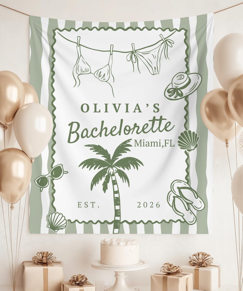 May include: A white and green banner with the text "OLIVIA'S Bachelorette Miami, FL EST. 2026". The banner features line drawings of a bikini, sunglasses, a hat, seashells, a palm tree, and flip-flops. Gold and white balloons are on the left and right.