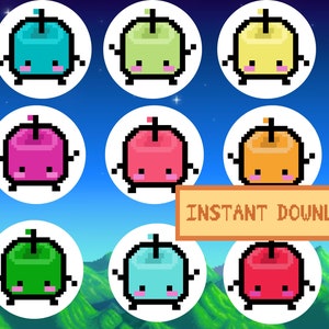 May include: Nine digital illustrations of cute, cartoon-style apples with different colored bodies and white backgrounds. The text "INSTANT DOWNLOAD" is at the bottom of the image.