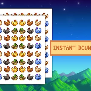 May include: Two sheets of printable stickers featuring pixelated farm animals. The stickers include chickens, ducks, and roosters in various colors. The stickers are perfect for adding a touch of whimsy to planners, journals, and other craft projects.