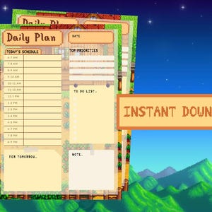 Pode incluir: Um planejador diário imprimível com um tema de fazenda pixelado. O planejador inclui seções para a programação de hoje, as principais prioridades, a lista de tarefas, as notas e para amanhã. O planejador foi projetado para se parecer com uma página do videogame Stardew Valley.