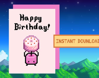 Stardew Valley Pink Cake Birthday Card, Digital download, printable, SDV