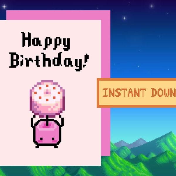 Stardew Valley Pink Cake verjaardagskaart, digitale download, afdrukbaar, SDV