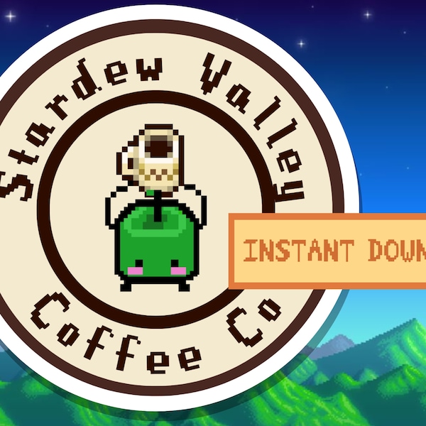 Stardew Valley Coffee Junimo Download Print Sticker Design Pixel Art Game Farming PNG JPEG