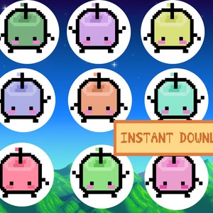 May include: Nine pixel art illustrations of a cute, cartoon character with a green, purple, yellow, blue, orange, light blue, pink, light green, and light purple body. The character has a small, red apple on its head and is standing with its arms outstretched. The illustrations are set against a blue sky background with white clouds and stars. The text "INSTANT DOWNLOAD" is displayed in a yellow box at the bottom of the image.