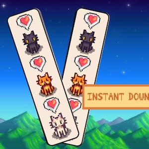 May include: Two printable bookmarks featuring pixel art of cats with hearts. The bookmarks are beige with a light brown border. The cats are black, orange, and white.