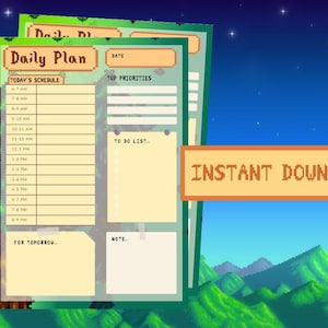 May include: A stack of pixelated daily planner pages in green and tan. The pages have sections for scheduling, top priorities, to-do lists, and notes. The words "Daily Plan" and "Instant Download" are visible.