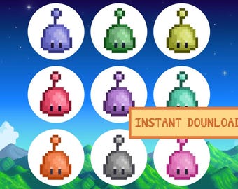Stardew Valley Pastel Slimes Pobierz Wydrukuj Naklejkę Projekt Pixel Art Gra Rolnictwo PNG JPEG