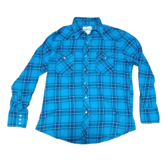 Wrangler Blue Plaid Pearl Snap Western Shirt Ranc… - image 1