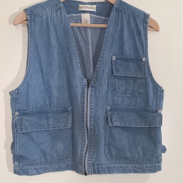 Vintage 90s Kathy Ireland zip up denim vest cargo jean jacket/ adjustable fit