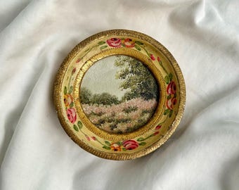 Original Oil Painting: Pink Meadow Landscape in Vintage Italian Frame