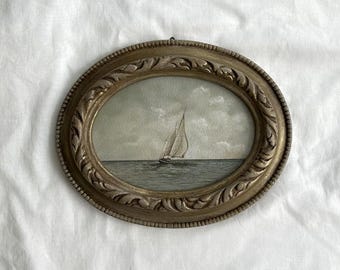 Original Seascape Oil Painting: Sailboat in Vintage Frame