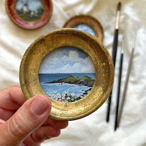 ORIGINAL art, watercolor painting of a Cornwall seascape, UK, vintage frame, miniature painting