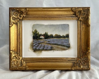 Cuadro al óleo original enmarcado de un campo de lavanda: arte rústico de estilo antiguo.