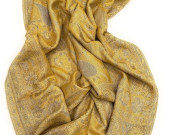 Gold Paisley Pashmina Shawl: Elegant Yellow Wrap, Bridesmaid Accessory