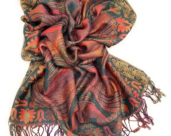 Gold & Emerald Metallic Pashmina Shawl: Reversible Multicolor Wrap