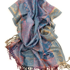 Turquoise Blue Metallic Pashmina Shawl: Reversible Paisley Scarf