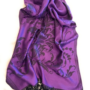 Purple Pashmina Shawl: Elegant Black Floral Scarf, Bridesmaid Accessory