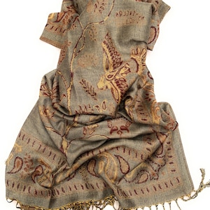 Sage Green Paisley Pashmina Shawl: Bohemian Bird & Tree Scarf
