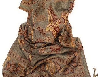 Sage Green Paisley Pashmina Shawl: Bohemian Bird & Tree Scarf