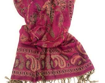 Fuchsia Pink Nightingale and Paisley Pashmina Shawl: Reversible Wrap Nature Themed Wrap