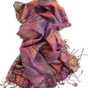 Purple and Gold Metallic Pashmina Shawl: Reversible Chevron Floral Scarf
