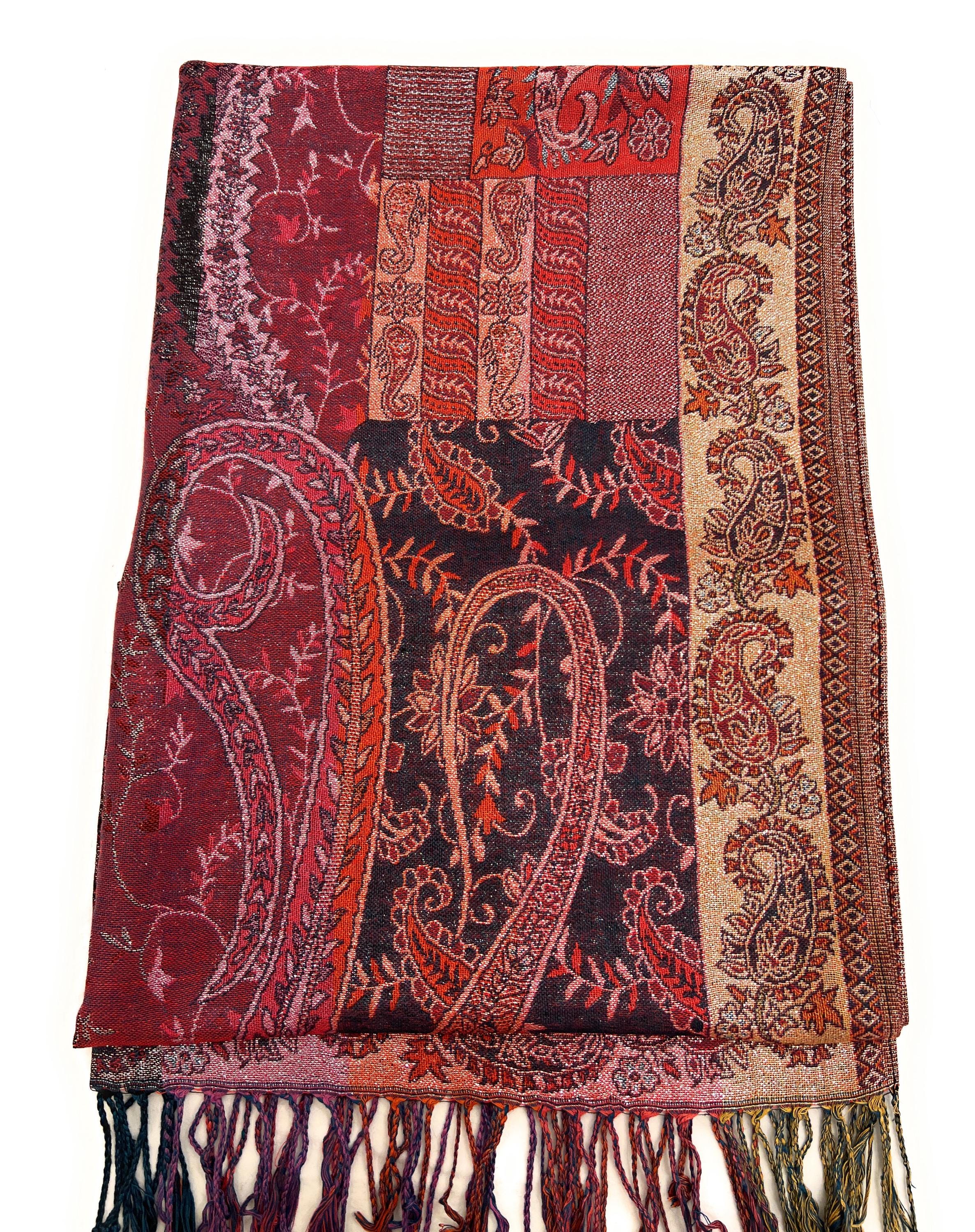 LissKiss Pashmina-Schal Mit Asymmetrischem Ornament – Dunkelrot Mit Fransen, 70x180 Cm