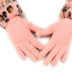 Pink Touchscreen Gloves: Leopard Faux Fur Cuff