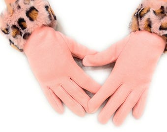 Pink Touchscreen Gloves: Leopard Faux Fur Cuff