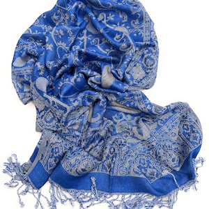 Blue Pashmina Shawl with Paisley and Floral Design,Versatile Royal Blue and Gray Boho Chic Scarf, Perfect Bridesmaid Accessory, Gift for Her