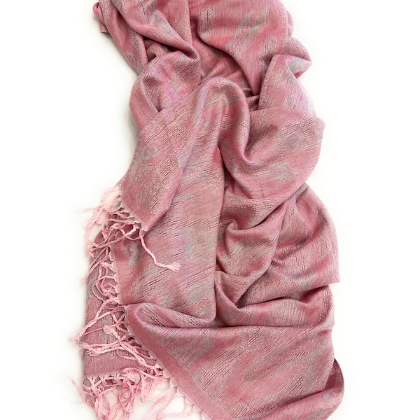 Dusty Rose Pink Pashmina-Silky Soft Romantic Wrap-Feathers in the Wind Pattern Pink Shawl-Headcover-Bridesmaid Accessory-Gift for Women