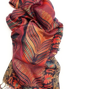 Ruby Red and Gold Pashmina Shawl: Shimmering Chevron and Floral Scarf