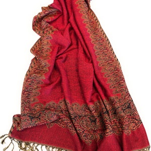 Red Pashmina Shawl: Golden Paisley Border, Reversible Scarf