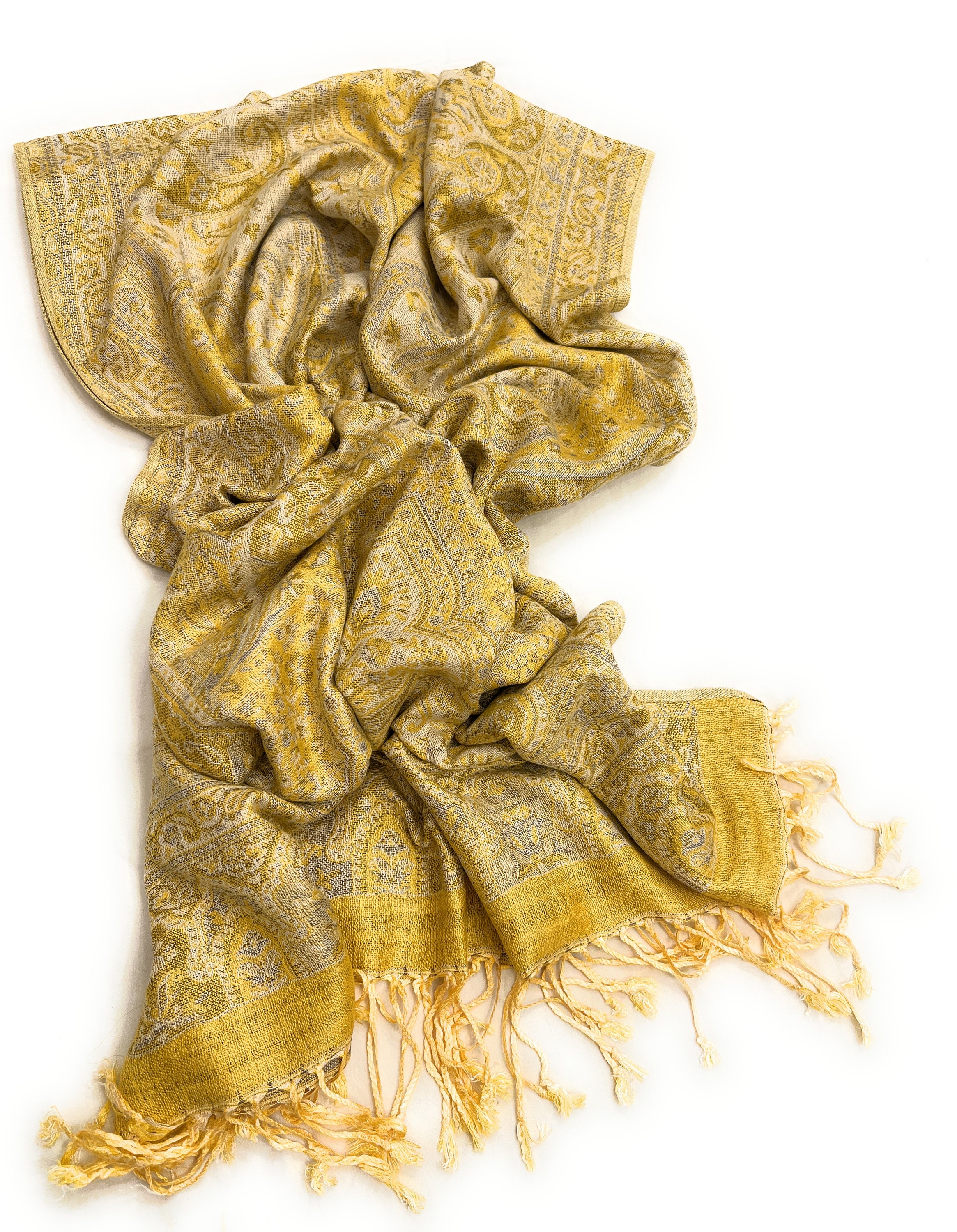 Gold-White Pashmina-Blossom Paisley and Floral Pattern-Elegant Yellow Gold Wrap-Gold Shawl-Headscarf-Bridesmaid Accessory-Gift Under 20