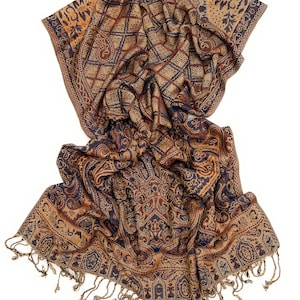 Navy & Gold Paisley Pashmina Shawl: Classic Diamond Pattern
