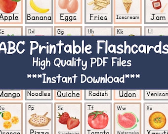 ABC Flashcards for Toddlers, Preschoolers or Pre-K, Alphabet Food Theme w/ Watercolor Images, Instant PDF Download, Homeschool Gift for Moms